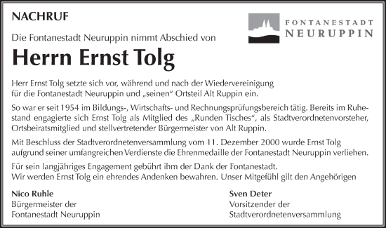 Traueranzeige von Ernst Tolg von Märkische Oderzeitung