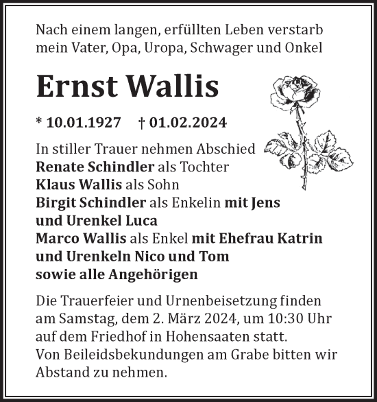 Traueranzeige von Ernst Wallis von Märkische Oderzeitung