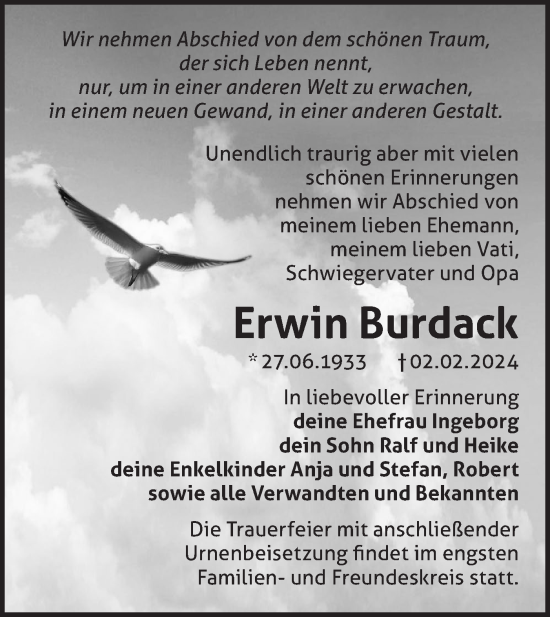 Traueranzeige von Erwin Burdack von Märkische Oderzeitung