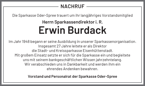 Traueranzeige von Erwin Burdack von Märkische Oderzeitung