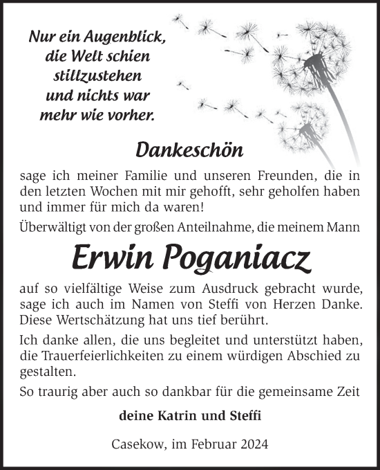 Traueranzeige von Erwin Poganiacz von Märkische Oderzeitung