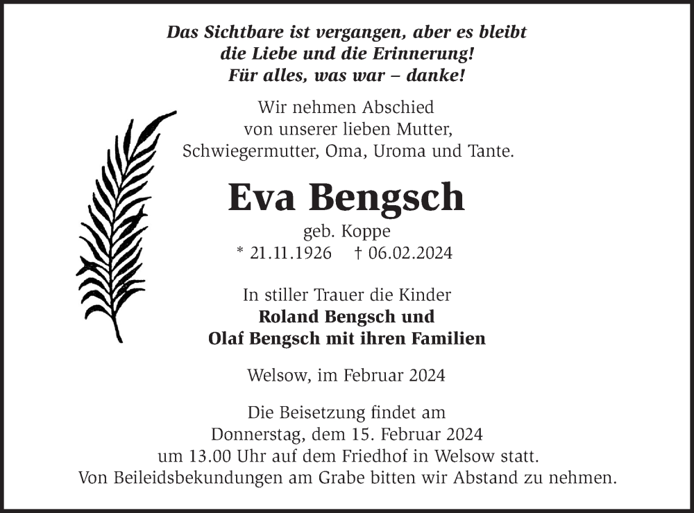  Traueranzeige für Eva Bengsch vom 10.02.2024 aus Märkische Oderzeitung