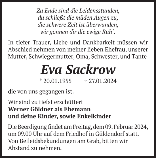 Traueranzeige von Eva Sackrow von Märkische Oderzeitung