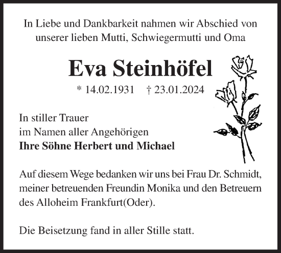 Traueranzeige von Eva Steinhöfel von Märkische Oderzeitung