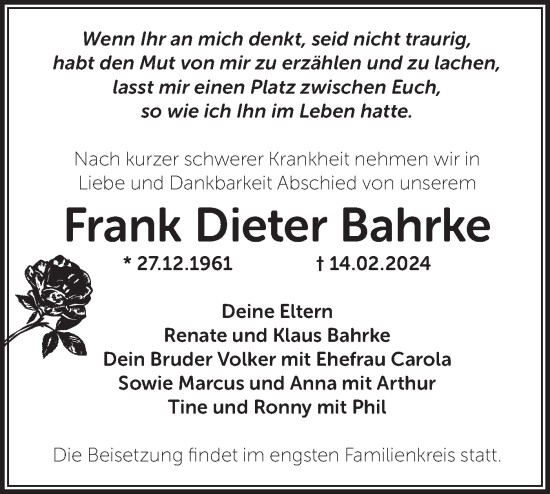 Traueranzeige von Frank Dieter Bahrke von Märkische Oderzeitung