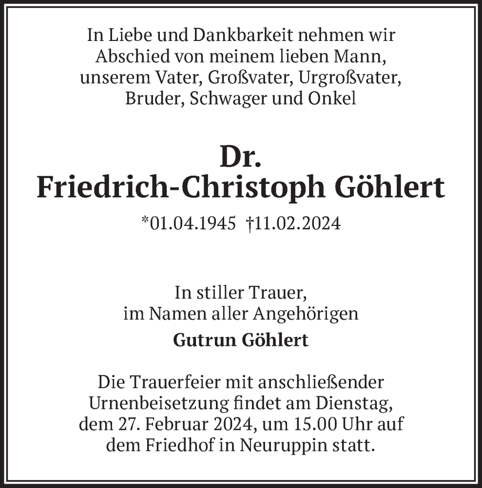  Traueranzeige für Friedrich-Christoph Göhlert vom 21.02.2024 aus Märkische Oderzeitung