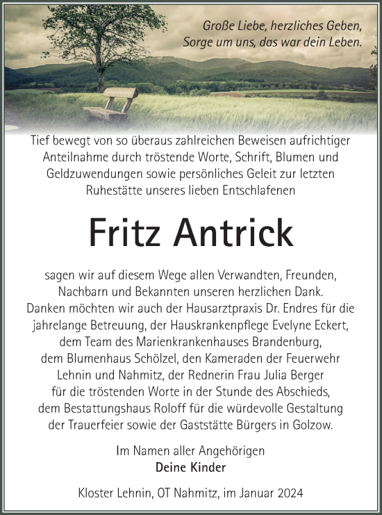 Traueranzeige von Fritz Antrick von Märkische Oderzeitung