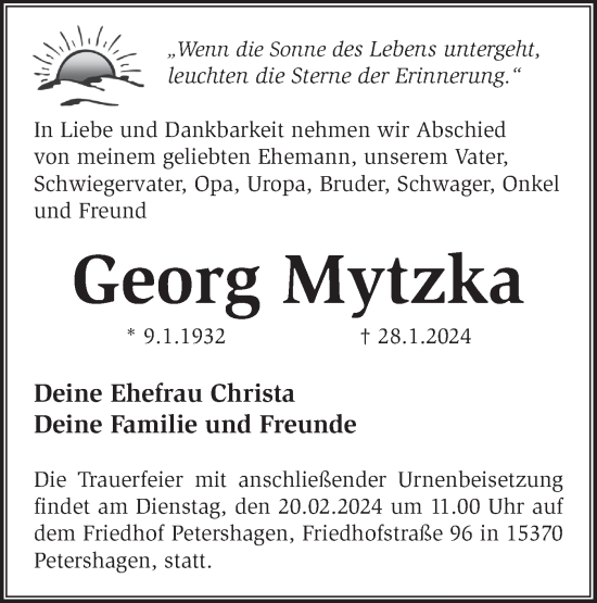 Traueranzeige von Georg Mytzka von Märkische Oderzeitung