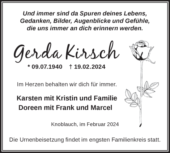 Traueranzeige von Gerda Kirsch von Märkische Oderzeitung