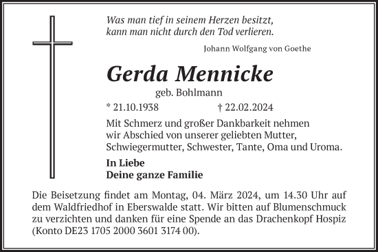 Traueranzeige von Gerda Mennicke von Märkische Oderzeitung