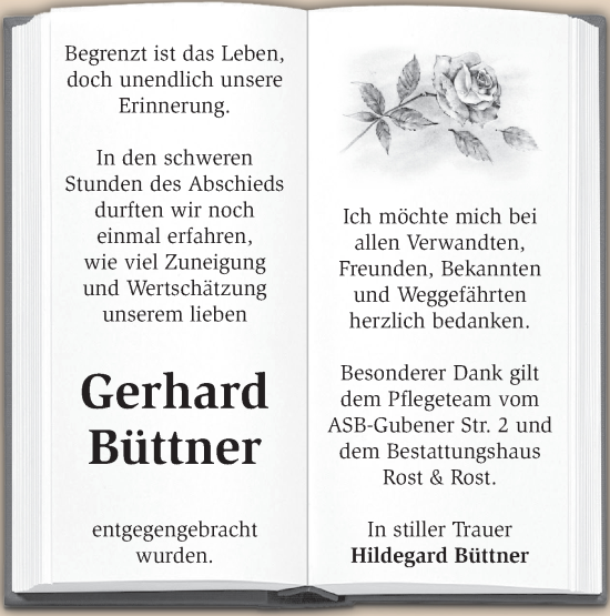 Traueranzeige von Gerhard Büttner von Märkische Oderzeitung