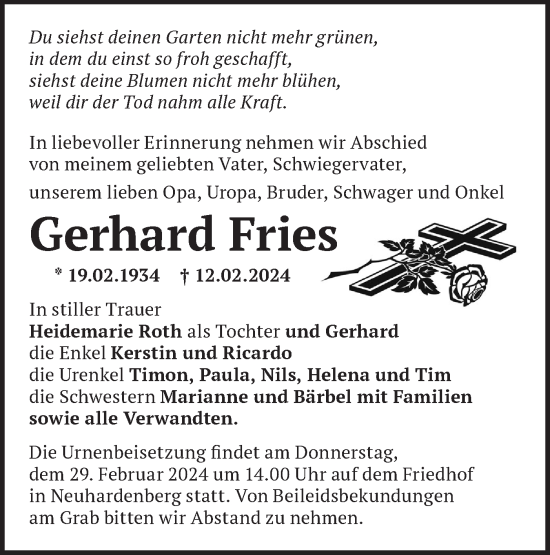Traueranzeige von Gerhard Fries von Märkische Oderzeitung