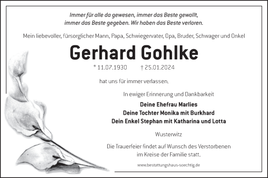 Traueranzeige von Gerhard Gohlke von Märkische Oderzeitung