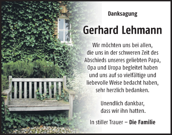 Traueranzeige von Gerhard Lehmann von Märkische Oderzeitung