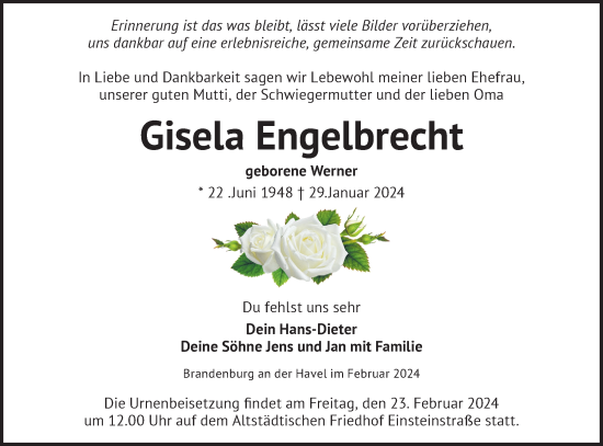 Traueranzeige von Gisela Engelbrecht von Märkische Oderzeitung