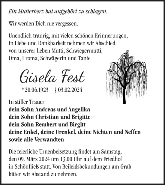 Traueranzeige von Gisela Fest von Märkische Oderzeitung