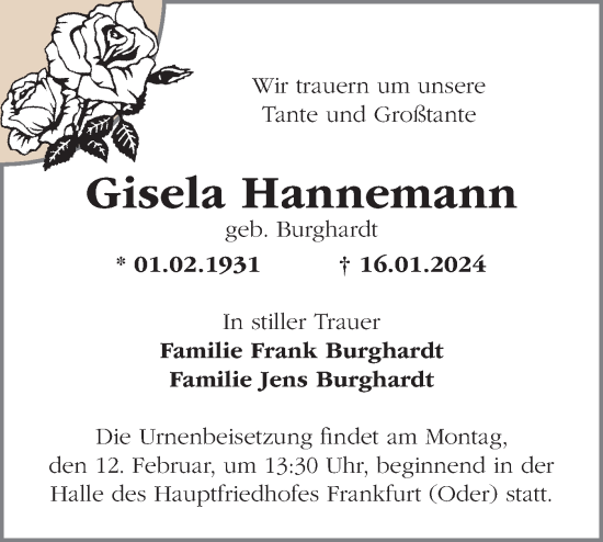 Traueranzeige von Gisela Hannemann von Märkische Oderzeitung