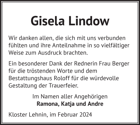 Traueranzeige von Gisela Lindow von Märkische Oderzeitung