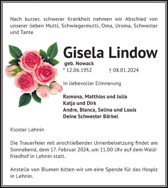 Traueranzeige von Gisela Lindow von Märkische Oderzeitung