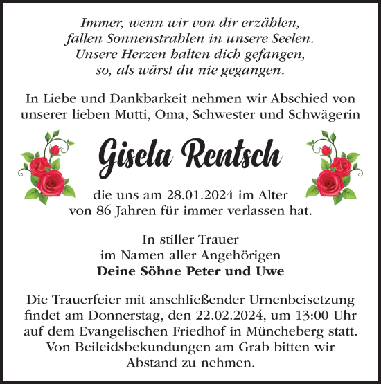 Traueranzeige von Gisela Rentsch von Märkische Oderzeitung