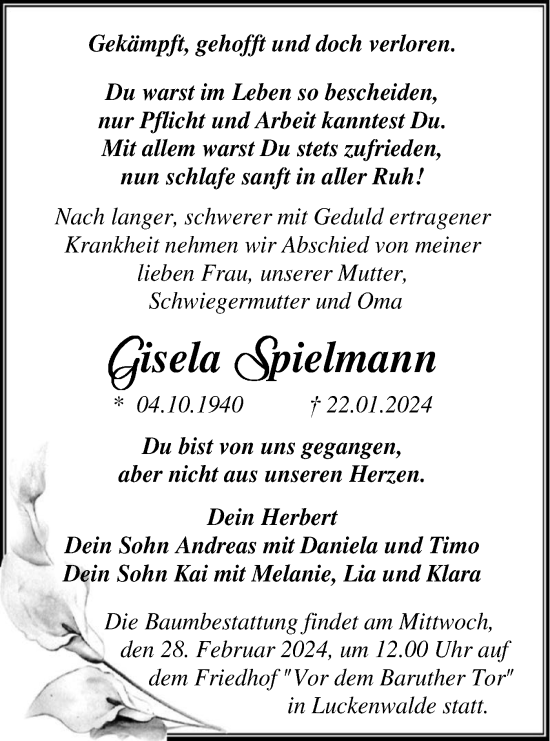 Traueranzeige von Gisela Spielmann von Märkische Oderzeitung