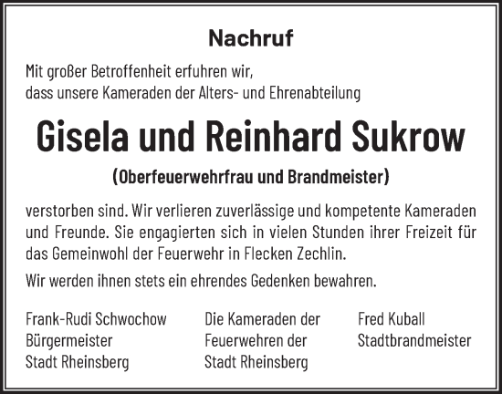 Traueranzeige von Gisela und Reinhard Sukrow von Märkische Oderzeitung