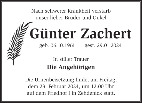 Traueranzeige von Günter Zachert von Märkische Oderzeitung