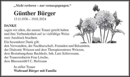 Traueranzeige von Günther Bürger von Märkische Oderzeitung