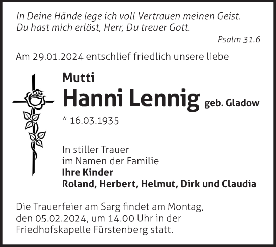 Traueranzeige von Hanni Lennig von Märkische Oderzeitung