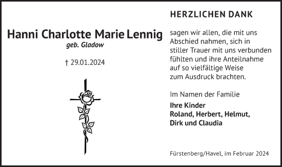 Traueranzeige von Hanni Charlotte Marie Lennig von Märkische Oderzeitung