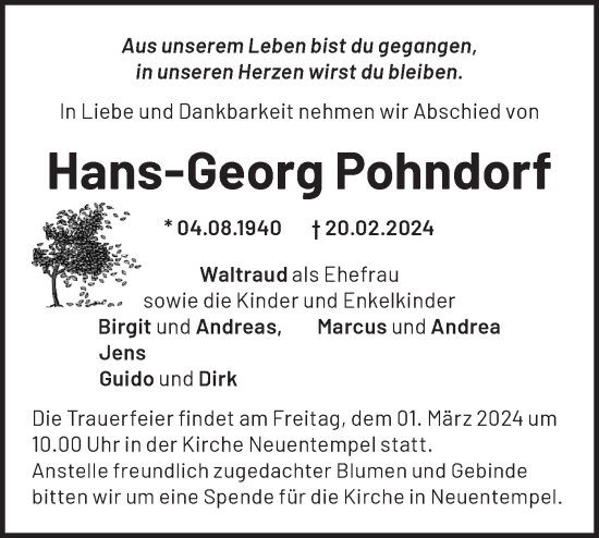 Traueranzeige von Hans-Georg Pohndorf von Märkische Oderzeitung