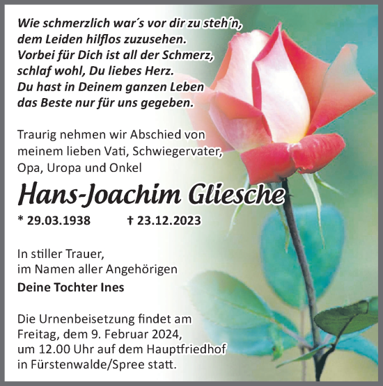 Traueranzeige von Hans-Joachim Gliesche von Märkische Oderzeitung