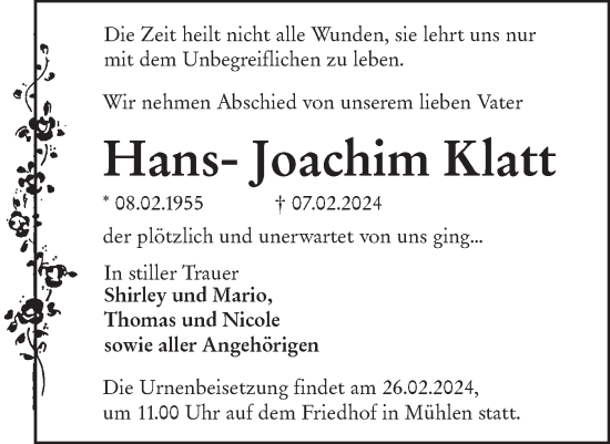 Traueranzeige von Hans-Joachim Klatt von Märkische Oderzeitung