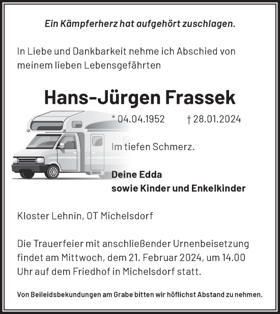 Traueranzeige von Hans-Jürgen Frassek von Märkische Oderzeitung