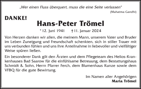 Traueranzeige von Hans-Peter Trömel von Märkische Oderzeitung