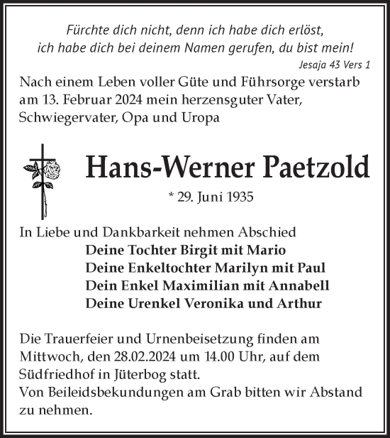 Traueranzeige von Hans-Werner Paetzold von Märkische Oderzeitung