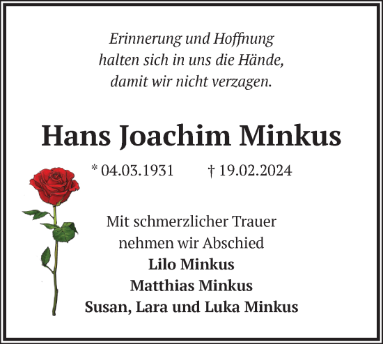 Traueranzeige von Hans Joachim Minkus von Märkische Oderzeitung