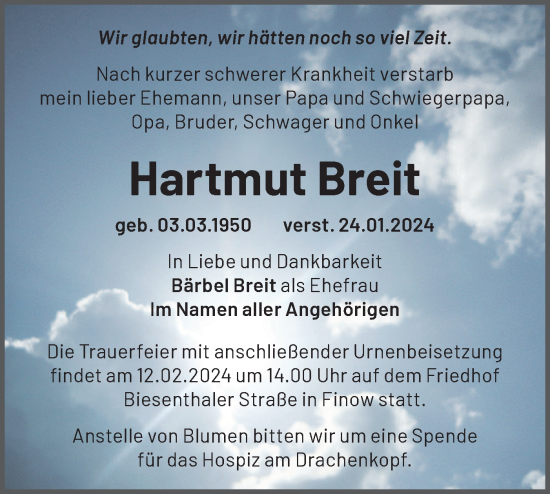 Traueranzeige von Hartmut Breit von Märkische Oderzeitung