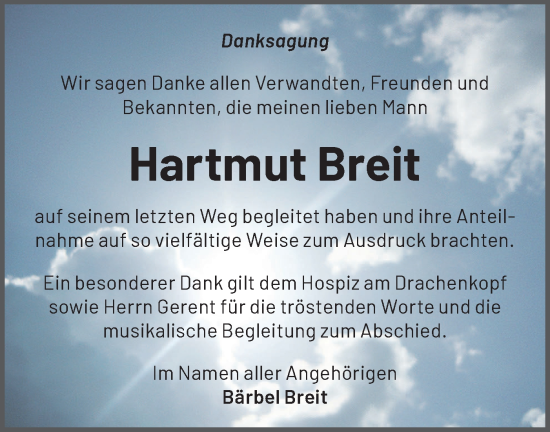 Traueranzeige von Hartmut Breit von Märkische Oderzeitung