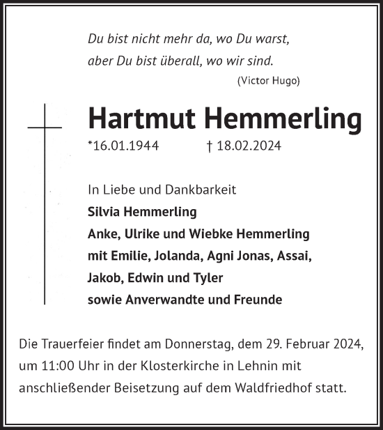Traueranzeige von Hartmut Hemmerling von Märkische Oderzeitung