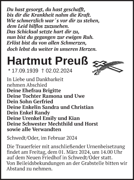 Traueranzeige von Hartmut Preuß von Märkische Oderzeitung