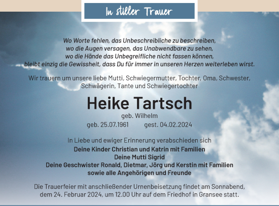 Traueranzeige von Heike Tartsch von Märkische Oderzeitung