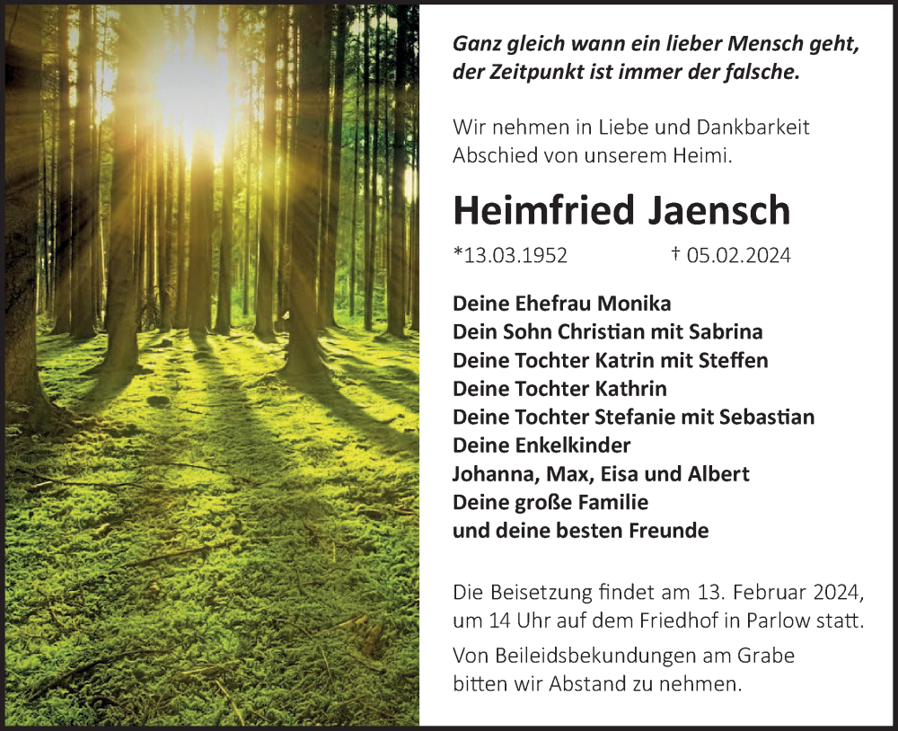  Traueranzeige für Heimfried Jaensch vom 10.02.2024 aus Märkische Oderzeitung