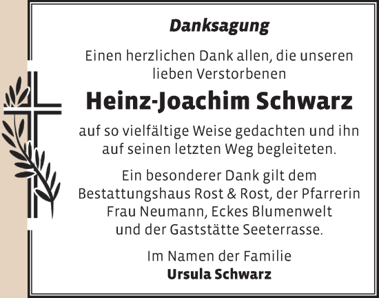 Traueranzeige von Heinz-Joachim Schwarz von Märkische Oderzeitung