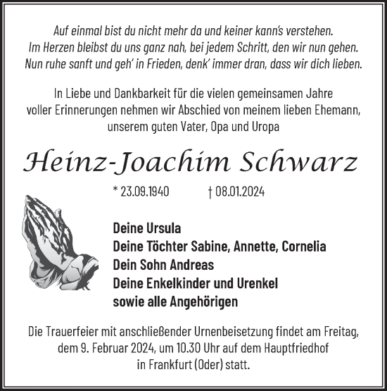 Traueranzeige von Heinz-Joachim Schwarz von Märkische Oderzeitung