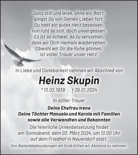 Traueranzeige von Heinz Skupin von Märkische Oderzeitung