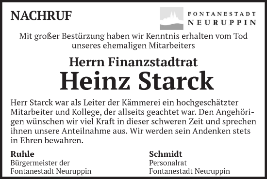 Traueranzeige von Heinz Starck von Märkische Oderzeitung