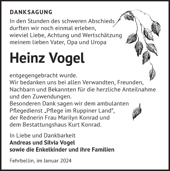 Traueranzeige von Heinz Vogel von Märkische Oderzeitung