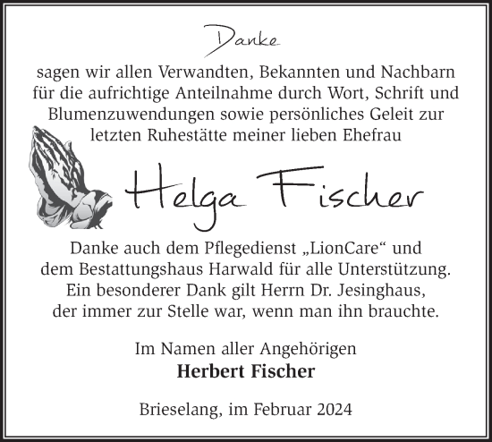 Traueranzeige von Helga Fischer von Märkische Oderzeitung