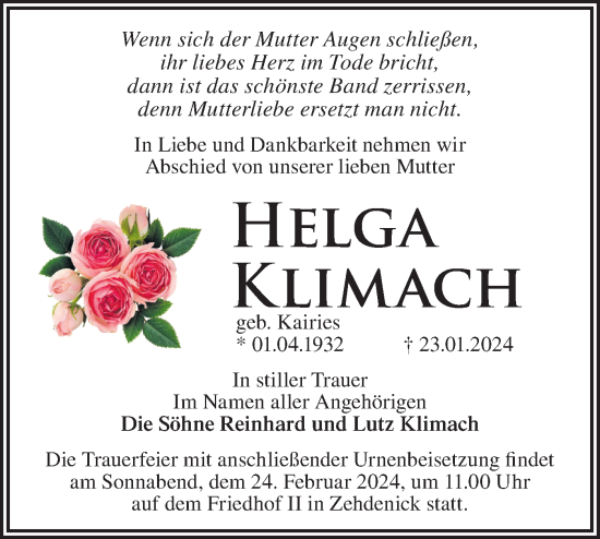 Traueranzeige von Helga Klimach von Märkische Oderzeitung